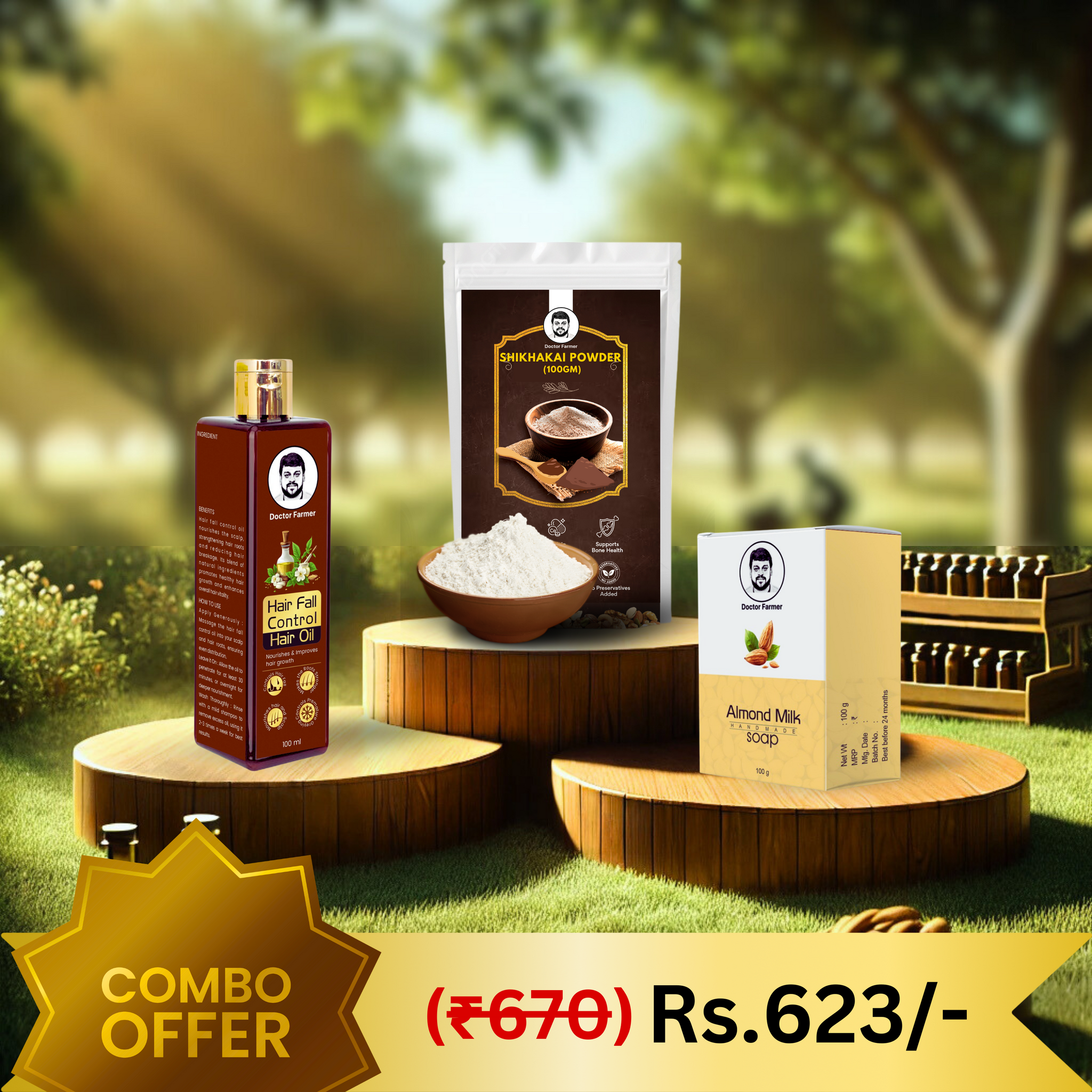 Doctor Farmer Hairfall Control Oil, Shikhakai Powder & Almond Soap Combo Pack