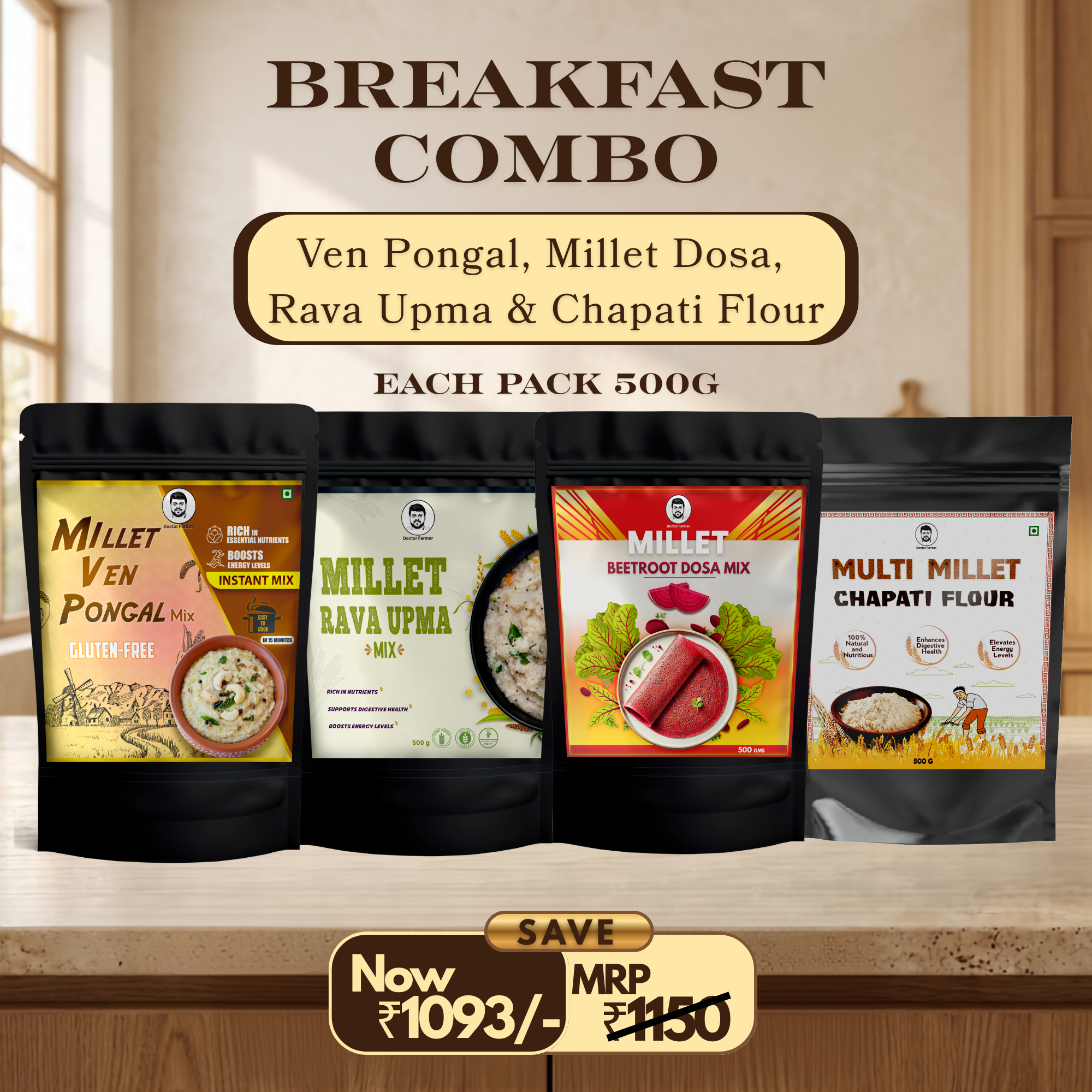 Doctor Farmer Ven Pongal, Millet Dosa, Rava Upma & Chapati Flour combo pack