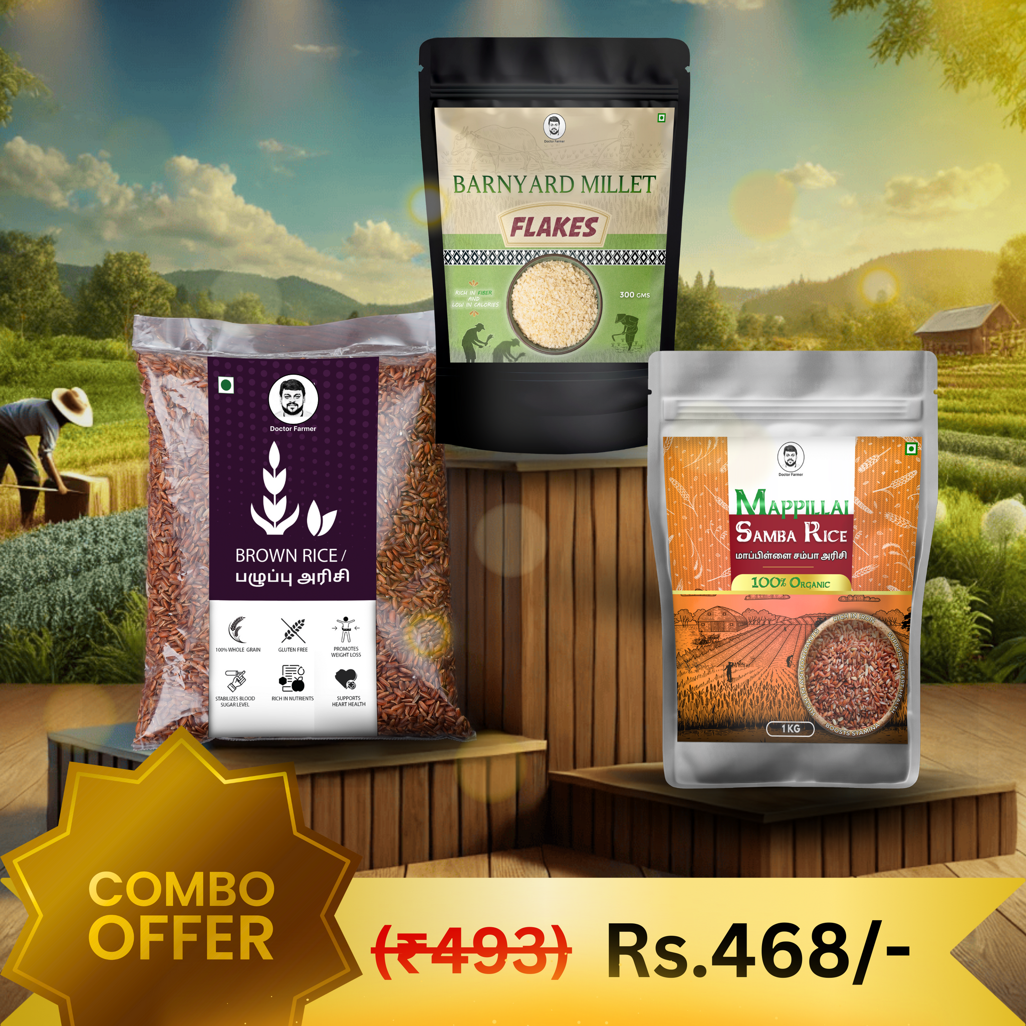 Doctor Farmer Barnyard Flakes, Mappillai Samba Rice & Brown Rice Combo Pack