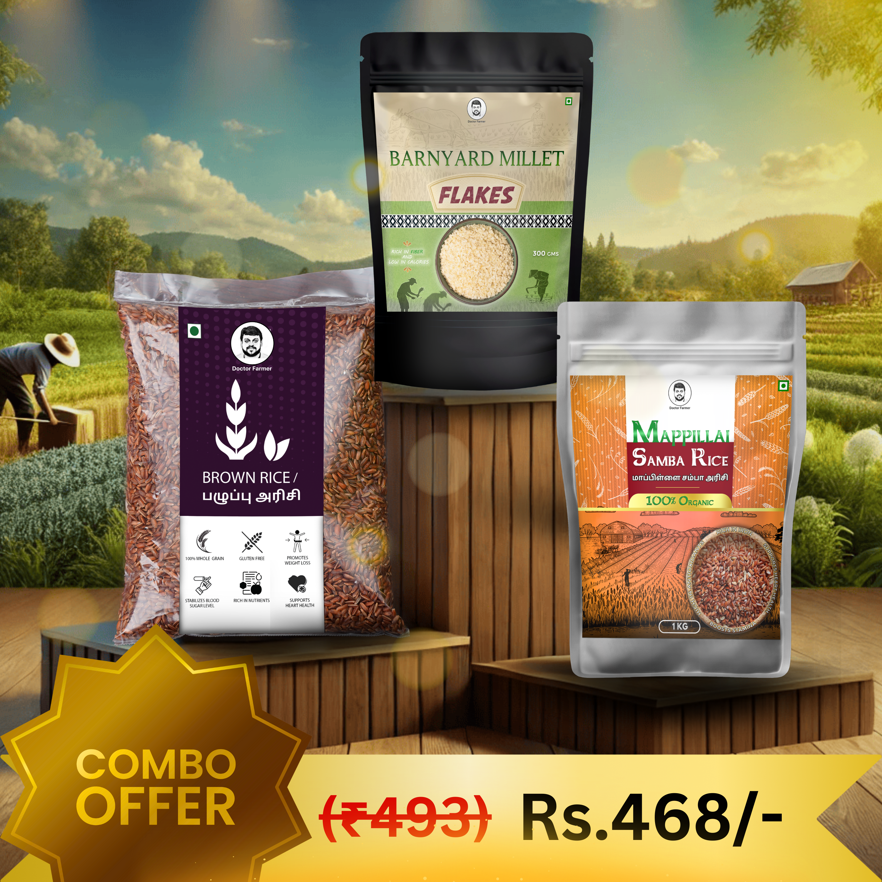 Doctor Farmer Barnyard Flakes, Mappillai Samba Rice & Brown Rice Combo Pack
