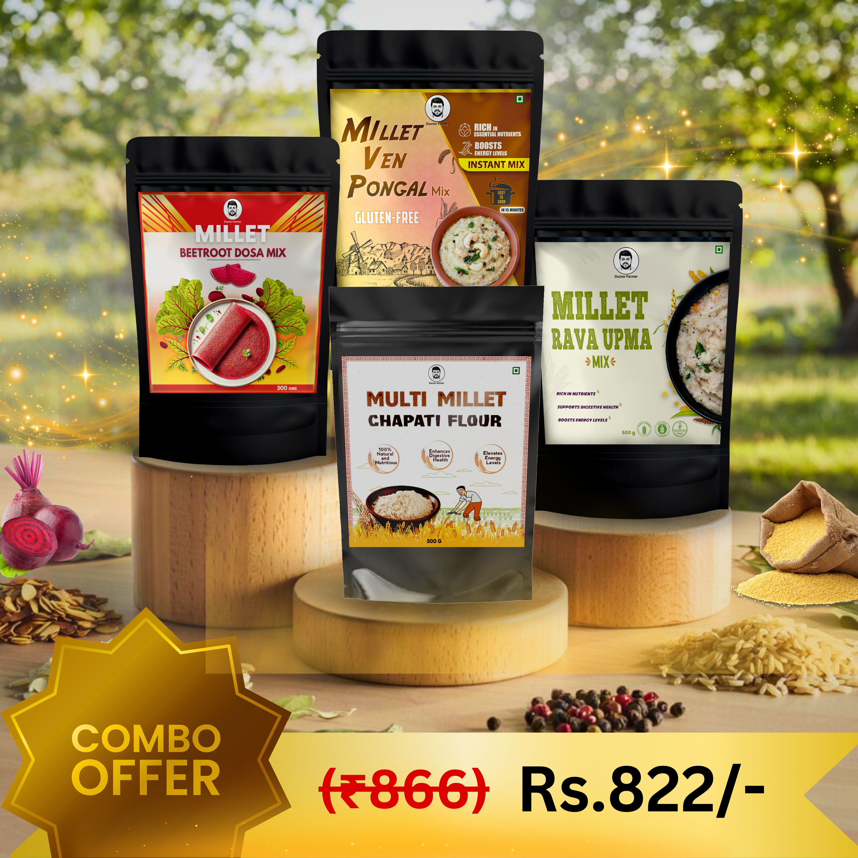 Doctor Farmer Ven Pongal, Millet Dosa, Rava Upma & Chapati Flour combo pack